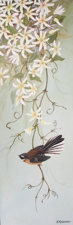Fantail and clematis by Janet Marshall acrylic on canvas 25W x 75H.jpg